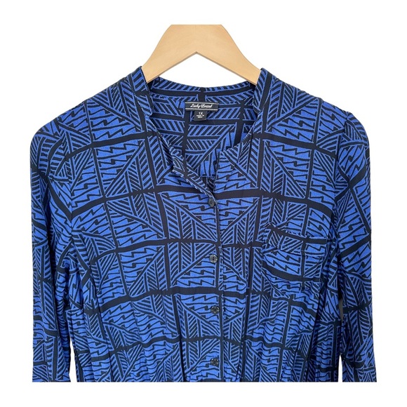Lucky Brand Shirt Mini Dress Blue Black Geometric Tie Waist 3/4 Sleeves Size 1X - Picture 8 of 10